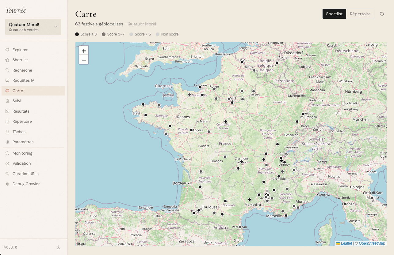 Interface Tournée : carte des festivals français